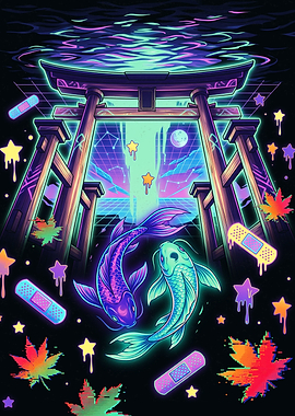 Neon Koi Torii Gate Digital Art