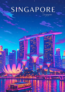Singapore Cityscape Night Travel Poster
