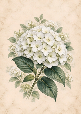 Vintage Botanical White Hydrangea Illustration