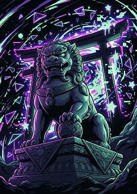 Cyberpunk Guardian Lion Torii Gate