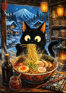 Black Cat Eating Ramen in Winter