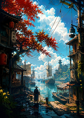 Traveler at a Traditional Asian Harbor