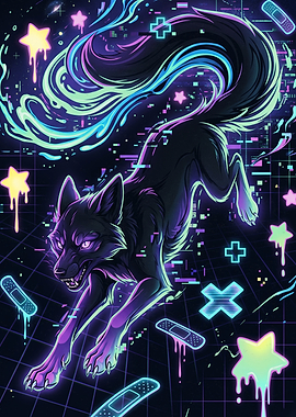 Glitchy Neon Wolf Digital Art