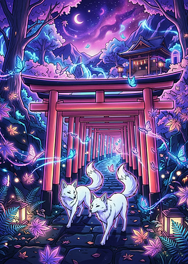 Two White Foxes at Torii Gate