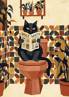 Black Cat Reading Newspaper on Toilet