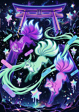 Neon Kitsune Spirits in Space