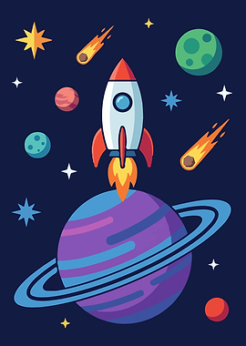Cartoon Rocket Launching from Planet