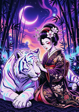 Geisha and Glowing White Tiger