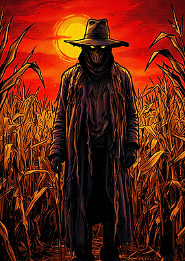 Scarecrow Figure in Cornfield at Sunset