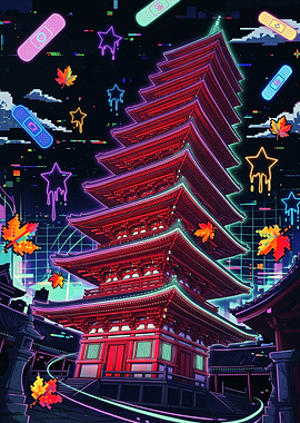 Neon Glitch Japanese Pagoda Art