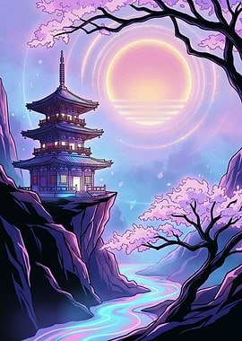Ethereal Pagoda Under Neon Sunset