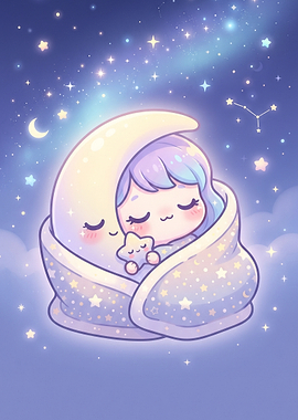 Cute Chibi Girl Sleeping on Moon