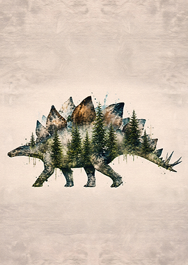 Double Exposure Stegosaurus Forest Art