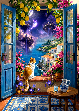 Cat Watching Magical Floating Islands