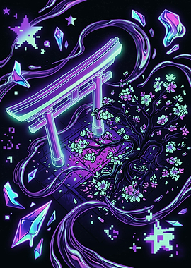 Neon Torii Gate and Cherry Blossom