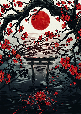 Torii Gate Under Red Sun