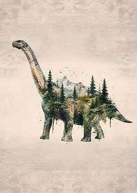 Double Exposure Dinosaur Forest Landscape