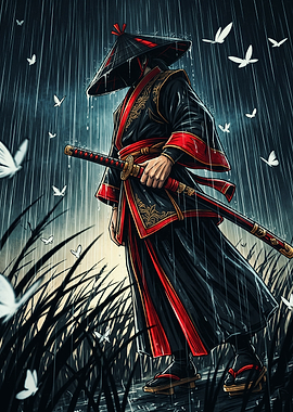 Samurai in the Rain with Butterflies