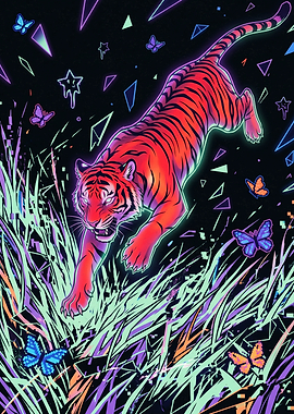 Neon Cyberpunk Tiger in Digital Grass