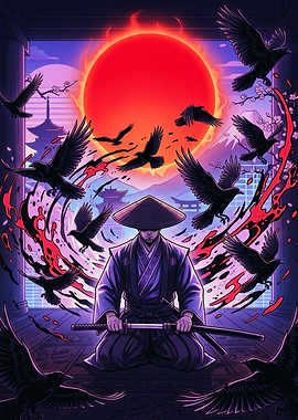 Samurai Warrior with Crows and Sun
