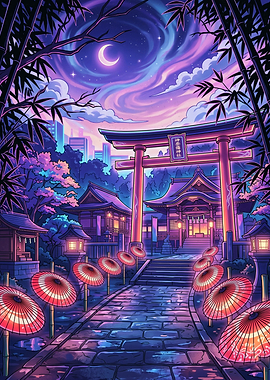 Neon Japanese Shrine at Night