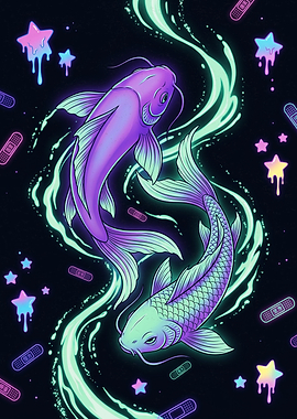 Neon Koi Fish Aesthetic Art