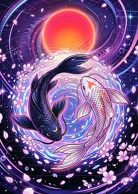 Neon Koi Fish Yin Yang Art