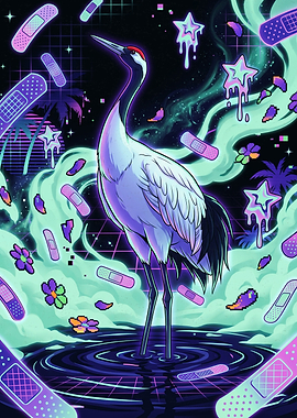 Neon Vaporwave Red-Crowned Crane