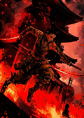 Female Samurai Warrior in Burning Temple
