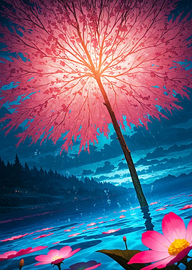 Glowing Cherry Blossom Tree Over Water Landscape