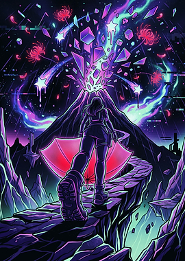 Cyberpunk Traveler Approaching Cosmic Volcano