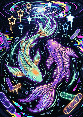 Neon Glitch Koi Fish Duo