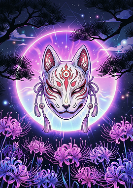 Glowing Kitsune Mask and Spider Lilies