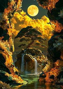 Golden Moonlit Bonsai Waterfall Landscape