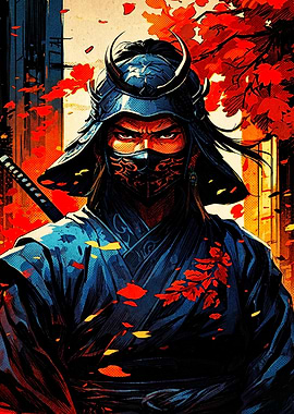 Samurai Warrior in Autumn Leaves