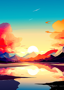 Vibrant Sunset Over Mountain Lake