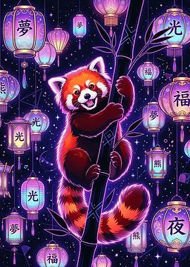 Red Panda with Glowing Lanterns