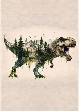 Double Exposure T-Rex Forest Art