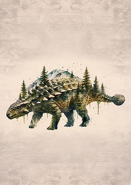 Ankylosaurus Mountain Forest Double Exposure Art