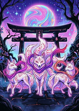 Neon Kitsune Spirits at Torii Gate