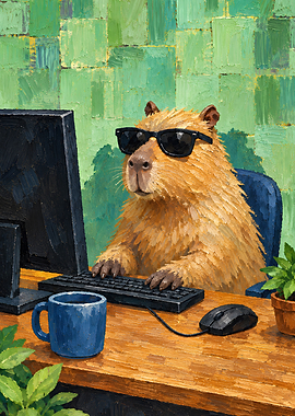 Cool Capybara Working at Computer