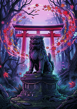 Cyberpunk Komainu Guardian at Torii Gate