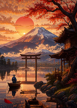 Mount Fuji Sunset with Torii Gate Japanese Landscape
