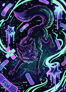 Neon Glitch Wolf with Bandages