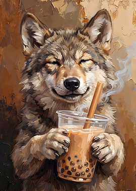 Wolf Enjoying Bubble Tea Painting