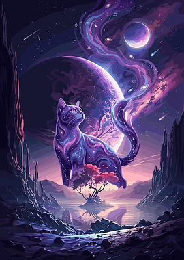 Cosmic Cat in Nebula Landscape