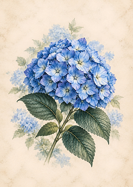 Vintage Botanical Blue Hydrangea Illustration