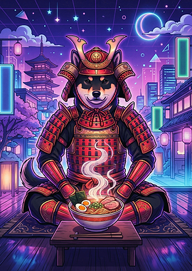 Cyberpunk Shiba Inu Samurai Eating Ramen