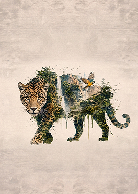 Double Exposure Jaguar Jungle Art