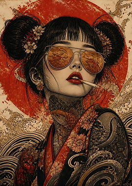 Stylish Geisha with Koi Tattoo Portrait